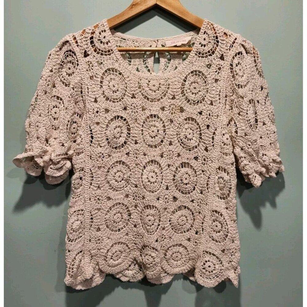 Solitaire Beige Open Knit Short Puff Sleeve Cottagecore Top Sz M